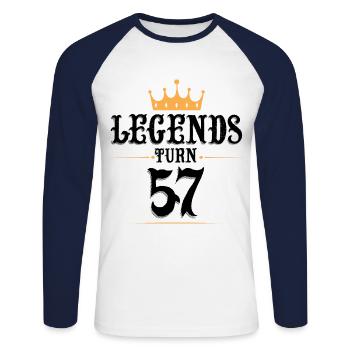 57 Geburtstag, Legenden werden 57 - Unisex Baseballshirt langarm - Weiß/Navy - Vorne - Nik (191cm)