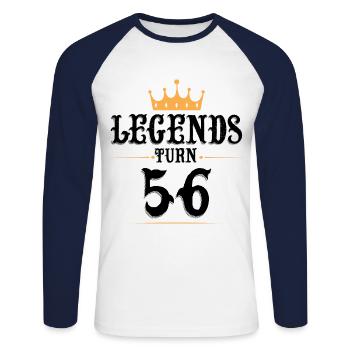 56 Anniversaire, Légendes fête ses 56 ans - T-shirt baseball manches longues Homme - blanc/marine - Devant - Nik (191cm)