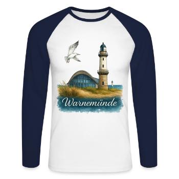 Warnemünde Teepot and Lighthouse with Seagull - Unisex Long Sleeve Baseball T-Shirt - white/navy - Front - Nik (191cm)
