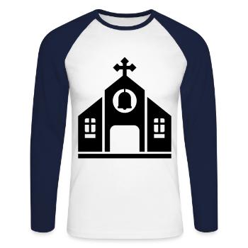 Église - T-shirt baseball manches longues Homme - blanc/marine - Devant - Nik (191cm)