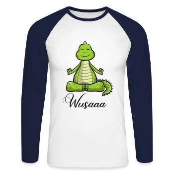 Auszeit Durchatmen Wusaaa Drache - Unisex Baseballshirt langarm - Weiß/Navy - Vorne - Nik (191cm)
