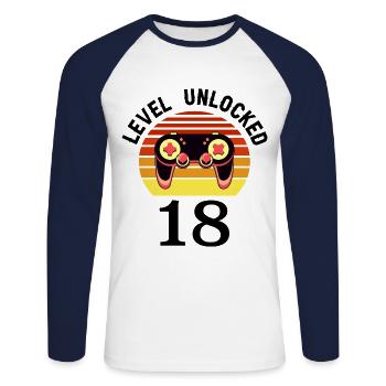 Niveau 18 débloqué 18 Anniversaire 18 ans - T-shirt baseball manches longues Homme - blanc/marine - Devant - Nik (191cm)