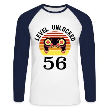 Niveau 56 débloqué 56 Anniversaire 56 ans - T-shirt baseball manches longues Homme - blanc/marine - Devant - Nik (191cm)