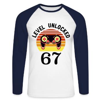 Level 67 unlocked 67 Birthday 67 years old - Unisex Long Sleeve Baseball T-Shirt - white/navy - Front - Nik (191cm)