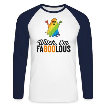Hexe ich bin Faboolous (Fabelhaft) Halloween TShirt - Unisex Baseballshirt langarm - Weiß/Navy - Vorne - Nik (191cm)