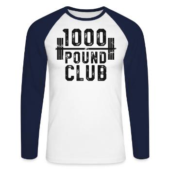1000 Pfund Club TShirt, Powerlifting Bodybuilding - Unisex Baseballshirt langarm - Weiß/Navy - Vorne - Nik (191cm)