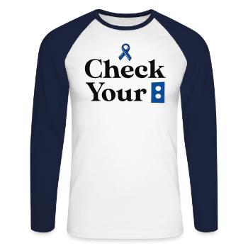 Überprüfen Sie Ihre Darmkrebs-Sensibilisierung Koloskopie - Unisex Baseballshirt langarm - Weiß/Navy - Vorne - Nik (191cm)