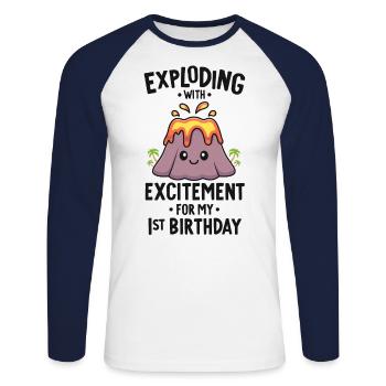 Vulkan Geburtstagsfeier Erster Geburtstag 1 Jahre alt - Unisex Baseballshirt langarm - Weiß/Navy - Vorne - Nik (191cm)