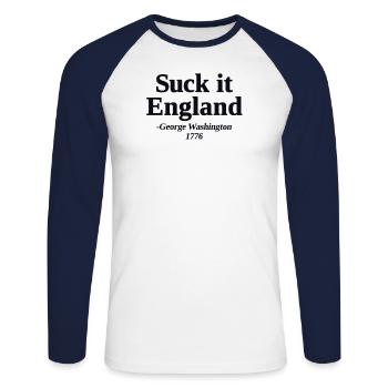 Suck It England Lustig 4. Juli Zitat George - Unisex Baseballshirt langarm - Weiß/Navy - Vorne - Nik (191cm)