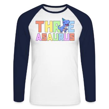 Drei-Asaurus 3 Jahre alter Dinosaurier Geburtstagsfeier - Unisex Baseballshirt langarm - Weiß/Navy - Vorne - Nik (191cm)