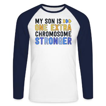 Family Down Syndrome Awareness My Son One Extra - Unisex Long Sleeve Baseball T-Shirt - white/navy - Front - Nik (191cm)