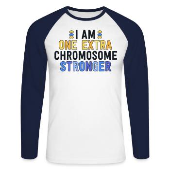 Je suis une famille T21 plus forte sur les chromosomes supplémentaires - T-shirt baseball manches longues Homme - blanc/marine - Devant - Nik (191cm)