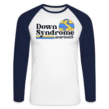 Down Syndrome Awareness Retro Sunset Yellow Blue - Unisex Long Sleeve Baseball T-Shirt - white/navy - Front - Nik (191cm)