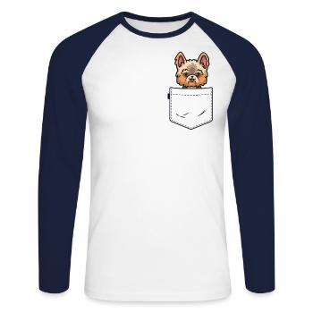 Yorkie en poche Drôle Yorkshire Terrier Kawaii - T-shirt baseball manches longues Homme - blanc/marine - Devant - Nik (191cm)