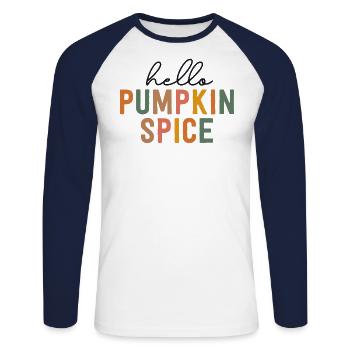 Hello Pumpkin Spice Latte Cute PSL Vintage Fall - Unisex Long Sleeve Baseball T-Shirt - white/navy - Front - Nik (191cm)