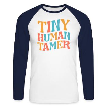 Retro Tiny Human Tamer Funny Daycare Teacher - Unisex Long Sleeve Baseball T-Shirt - white/navy - Front - Nik (191cm)