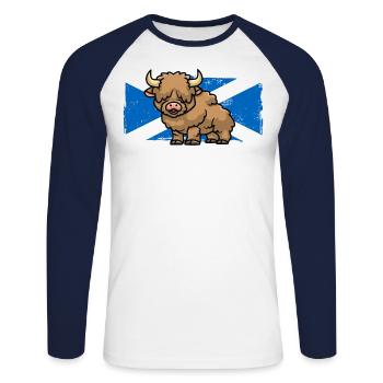 Highland Cow Lover Schottland Flagge Schottischer Bauer - Unisex Baseballshirt langarm - Weiß/Navy - Vorne - Nik (191cm)
