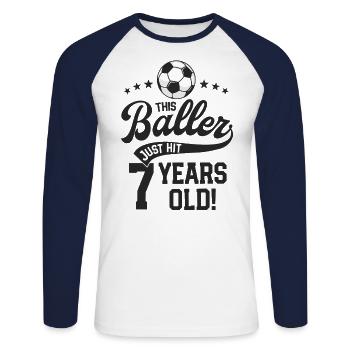 7 Years Old Soccer Themed Birthday Party 7th Bday - Unisex Long Sleeve Baseball T-Shirt - white/navy - Front - Nik (191cm)
