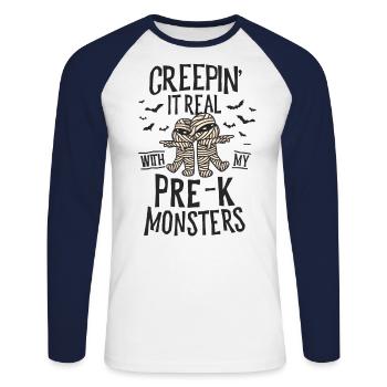 Creepin It Real Pre-K Monsters Halloween - Unisex Long Sleeve Baseball T-Shirt - white/navy - Front - Nik (191cm)