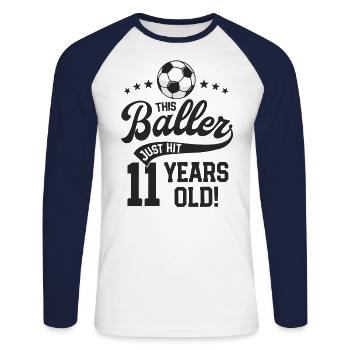 11 Years Old Soccer Themed Birthday Party 11th - Unisex Long Sleeve Baseball T-Shirt - white/navy - Front - Nik (191cm)