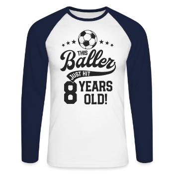 8 Years Old Soccer Themed Birthday Party 8th Bday - Unisex Long Sleeve Baseball T-Shirt - white/navy - Front - Nik (191cm)