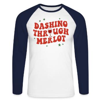 Dashing Through Merlot Funny Christmas Wine - Unisex Long Sleeve Baseball T-Shirt - white/navy - Front - Nik (191cm)