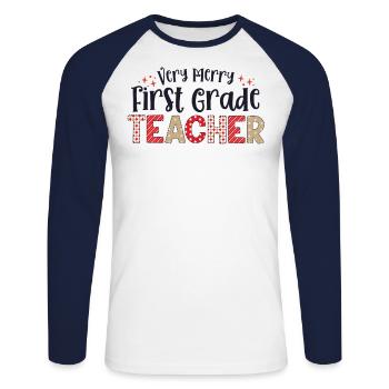 Très joyeux enseignant de 1ère année Premier Noël - T-shirt baseball manches longues Homme - blanc/marine - Devant - Nik (191cm)