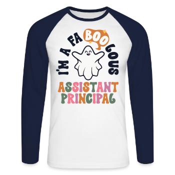 Faboolous Assistant Principal Retro Halloween - Unisex Long Sleeve Baseball T-Shirt - white/navy - Front - Nik (191cm)