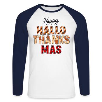 Happy Hallo Thanks Mas Fall Thanksgiving - Unisex Long Sleeve Baseball T-Shirt - white/navy - Front - Nik (191cm)