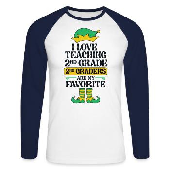 2nd Grade Teacher Elf Christmas School Party I - Unisex Long Sleeve Baseball T-Shirt - white/navy - Front - Nik (191cm)