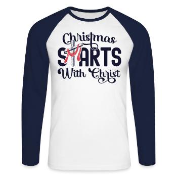 Christmas Starts With Christ Cross Jesus Christian - Unisex Long Sleeve Baseball T-Shirt - white/navy - Front - Nik (191cm)