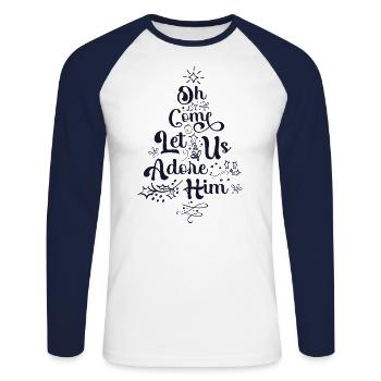 Oh komm, lass uns ihn anbeten Jesus Familie Christian - Unisex Baseballshirt langarm - Weiß/Navy - Vorne - Nik (191cm)
