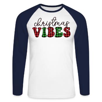 Christmas Vibes Buffalo Plaid Retro Christmas - Unisex Long Sleeve Baseball T-Shirt - white/navy - Front - Nik (191cm)