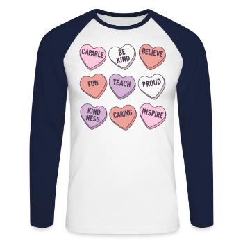 Rétro Professeur Saint-Valentin Dictons positifs - T-shirt baseball manches longues Homme - blanc/marine - Devant - Nik (191cm)