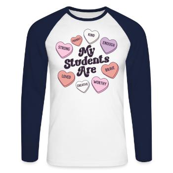 Enseignante Saint-Valentin Affirmations positives - T-shirt baseball manches longues Homme - blanc/marine - Devant - Nik (191cm)