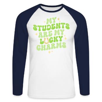 Mes élèves sont mes porte-bonheur Professeur St - T-shirt baseball manches longues Homme - blanc/marine - Devant - Nik (191cm)