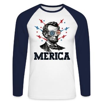 Merica Abraham Lincoln 4th of July American Flag - Unisex Long Sleeve Baseball T-Shirt - white/navy - Front - Nik (191cm)