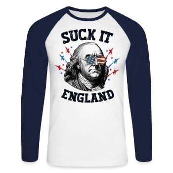 Suck It England 4. Juli Männer USA Patriotisch Ben - Unisex Baseballshirt langarm - Weiß/Navy - Vorne - Nik (191cm)