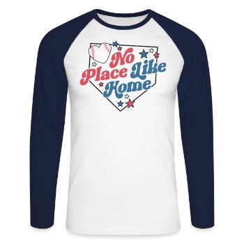 Kein Ort wie zu Hause Baseball Shirt Retro Baseball - Unisex Baseballshirt langarm - Weiß/Navy - Vorne - Nik (191cm)