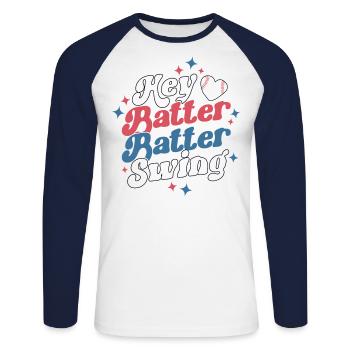 Hey Batter Batter Swing Baller Player Retro - Unisex Long Sleeve Baseball T-Shirt - white/navy - Front - Nik (191cm)