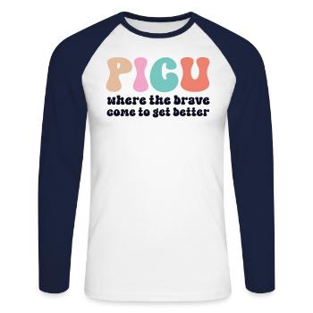Infirmière de l’USIP Rétro Peds Infirmière Pédiatrique Intensive - T-shirt baseball manches longues Homme - blanc/marine - Devant - Nik (191cm)