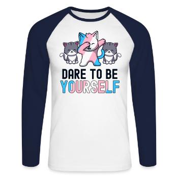 Trauen Sie sich, Sie selbst zu sein Transgender Pride Kawaii Katze - Unisex Baseballshirt langarm - Weiß/Navy - Vorne - Nik (191cm)