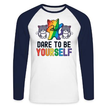 Osez être vous-même LGBT Mignon Gay Kawaii Arc-en-ciel - T-shirt baseball manches longues Homme - blanc/marine - Devant - Nik (191cm)