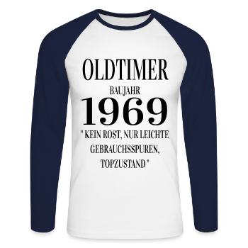 Oldtimer baujahr 1969 - Geburtstag geschenk spruch - Unisex Baseballshirt langarm - Weiß/Navy - Vorne - Nik (191cm)