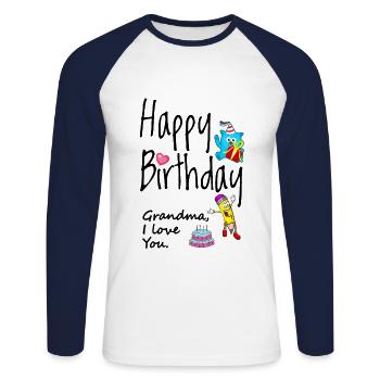 Grand-mère, je t'aime. Joyeux anniversaire - T-shirt baseball manches longues Homme - blanc/marine - Devant - Nik (191cm)