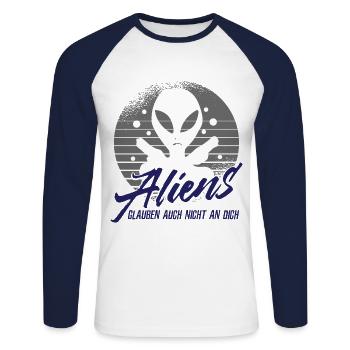 Aliens - Unisex Baseballshirt langarm - Weiß/Navy - Vorne - Nik (191cm)