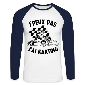 J'peux pas j'ai karting Cadeau - T-shirt baseball manches longues Homme - blanc/marine - Devant - Nik (191cm)