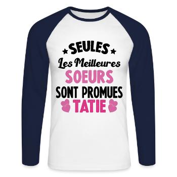 seules les meilleures soeurs sont promues tatie - T-shirt baseball manches longues Homme - blanc/marine - Devant - Nik (191cm)