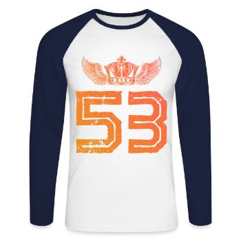 53 Zahl Krone - Unisex Baseballshirt langarm - Weiß/Navy - Vorne - Nik (191cm)