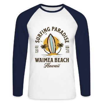 Waimea Beach Hawaii Paradis du surf - T-shirt baseball manches longues Homme - blanc/marine - Devant - Nik (191cm)